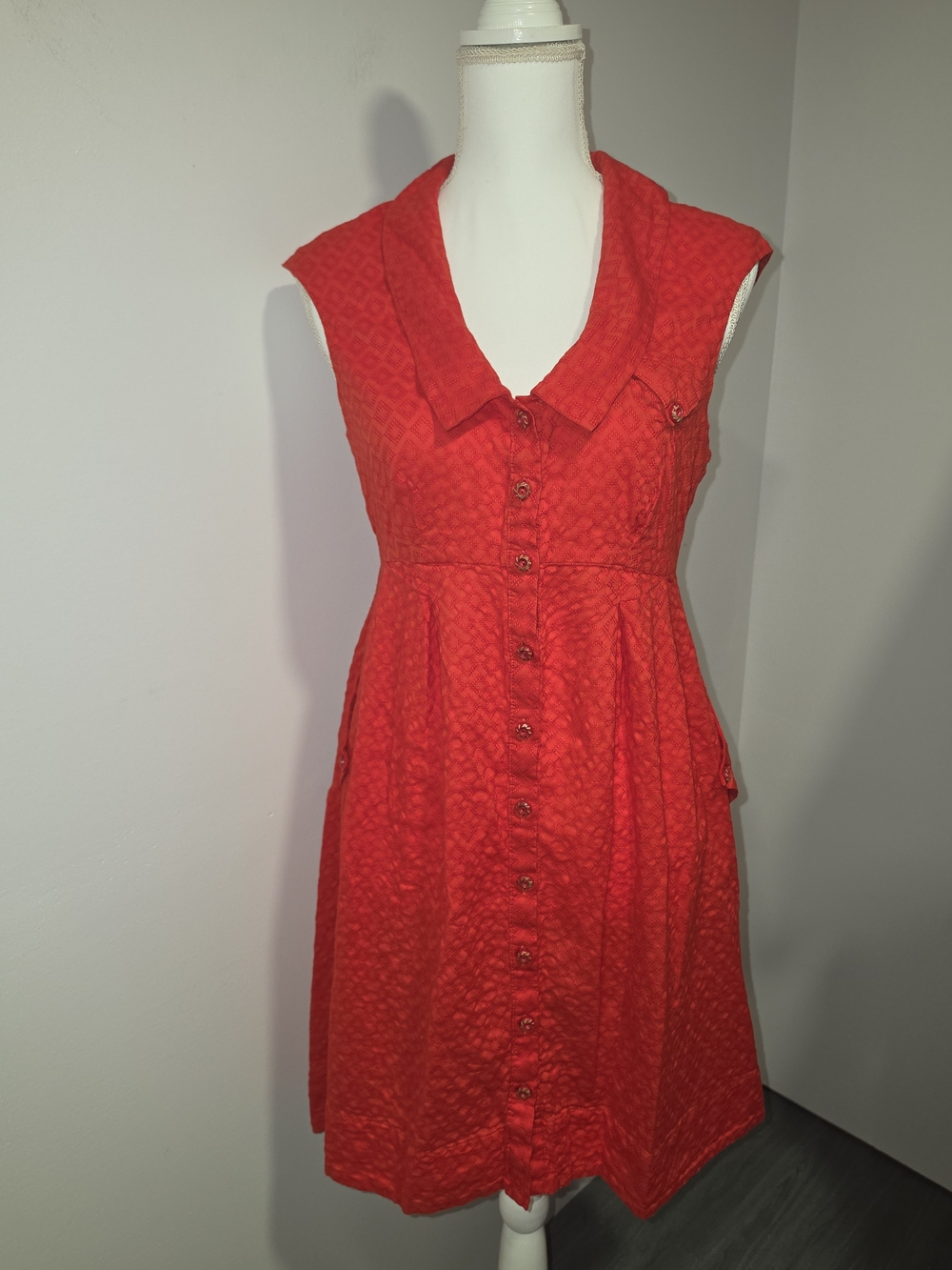 Anthropologie Postage Stamp 100% Cotton Sleeveless Red Button-Front Dress Size 6